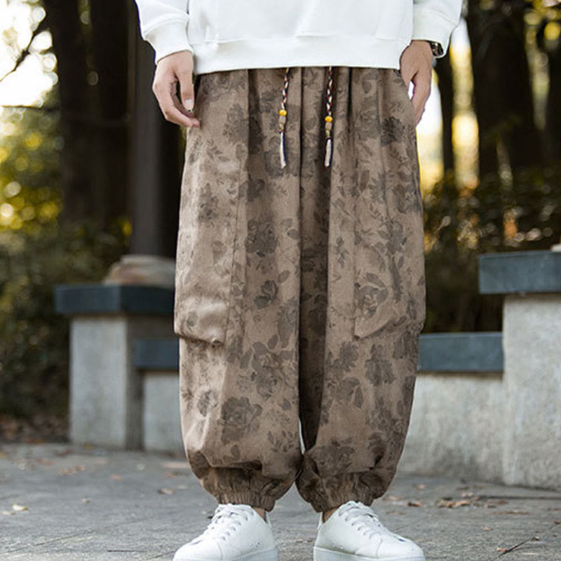 Nimara Ritual Casual Flower Corduroy Cotton Men's Pants With Big Pockets