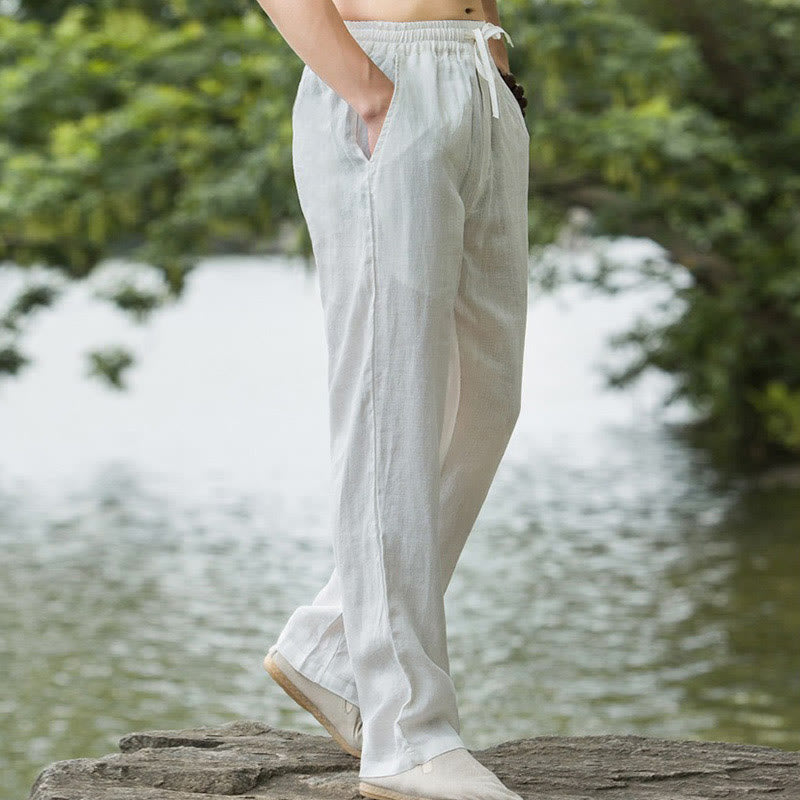 Nimara Ritual Solid Color Cotton Linen Men's Wide Leg Pants With Pockets