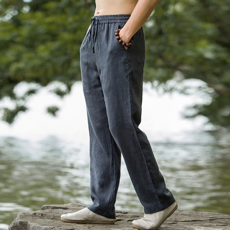 Nimara Ritual Solid Color Cotton Linen Men's Wide Leg Pants With Pockets