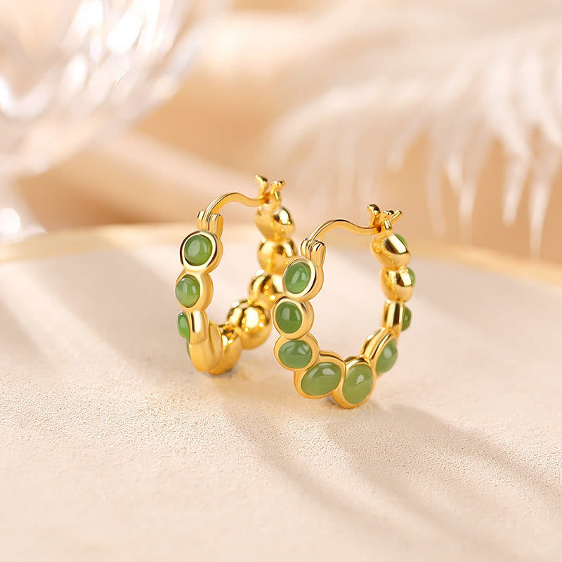 Nimara Ritual 925 Sterling Silver Plated Gold Hetian Cyan Jade Pea Ear Clip Prosperity Earrings