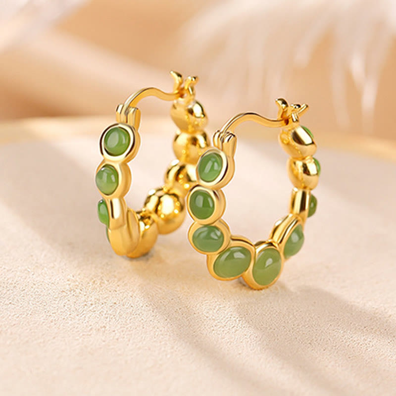 Nimara Ritual 925 Sterling Silver Plated Gold Hetian Cyan Jade Pea Ear Clip Prosperity Earrings