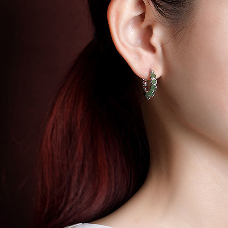 Nimara Ritual 925 Sterling Silver Plated Gold Hetian Cyan Jade Pea Ear Clip Prosperity Earrings