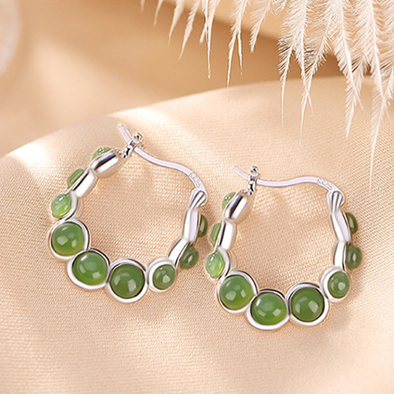 Nimara Ritual 925 Sterling Silver Plated Gold Hetian Cyan Jade Pea Ear Clip Prosperity Earrings