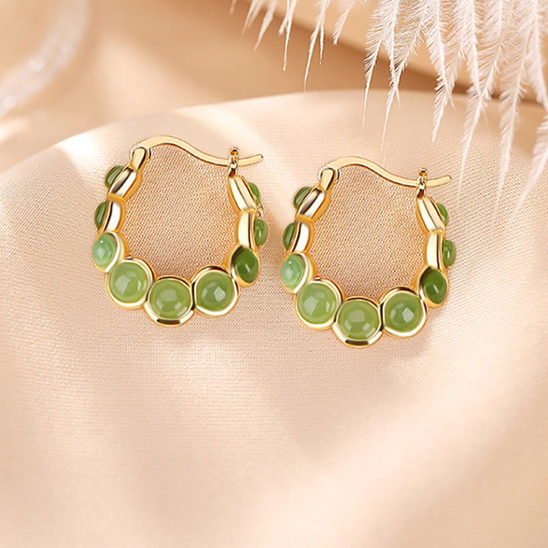 Nimara Ritual 925 Sterling Silver Plated Gold Hetian Cyan Jade Pea Ear Clip Prosperity Earrings