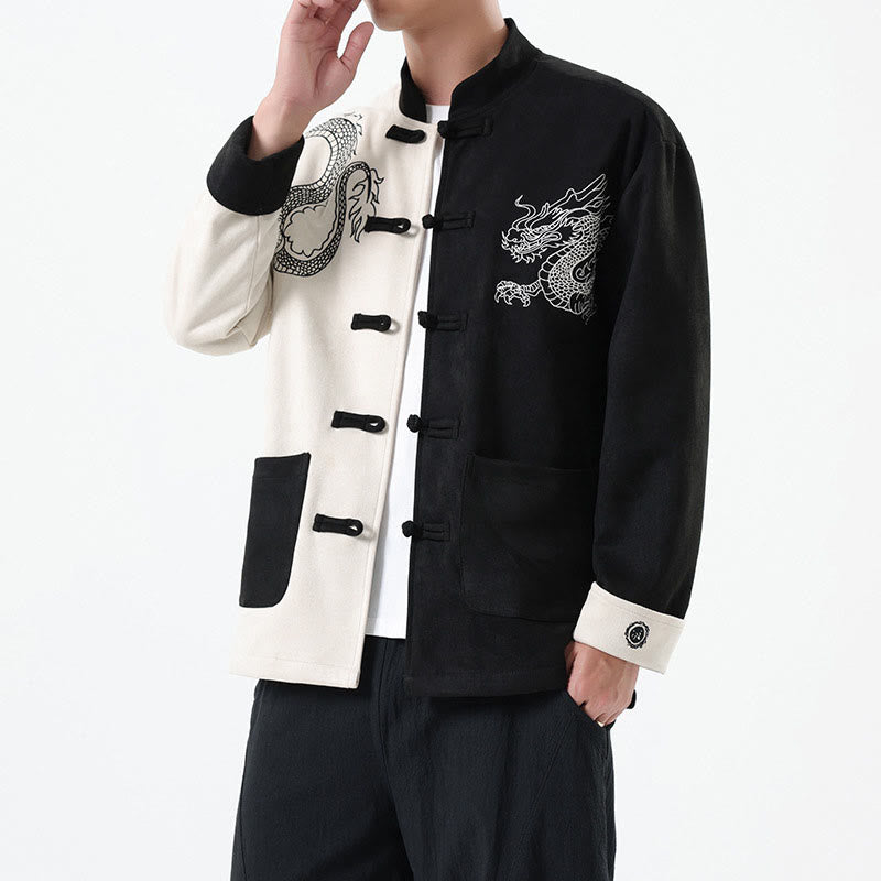 Nimara Ritual Dragon Embroidery Casual Frog-button Cotton Men's Jacket Shirt Clothing