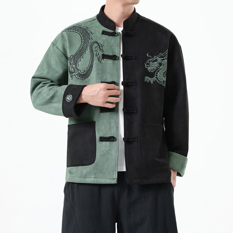 Nimara Ritual Dragon Embroidery Casual Frog-button Cotton Men's Jacket Shirt Clothing