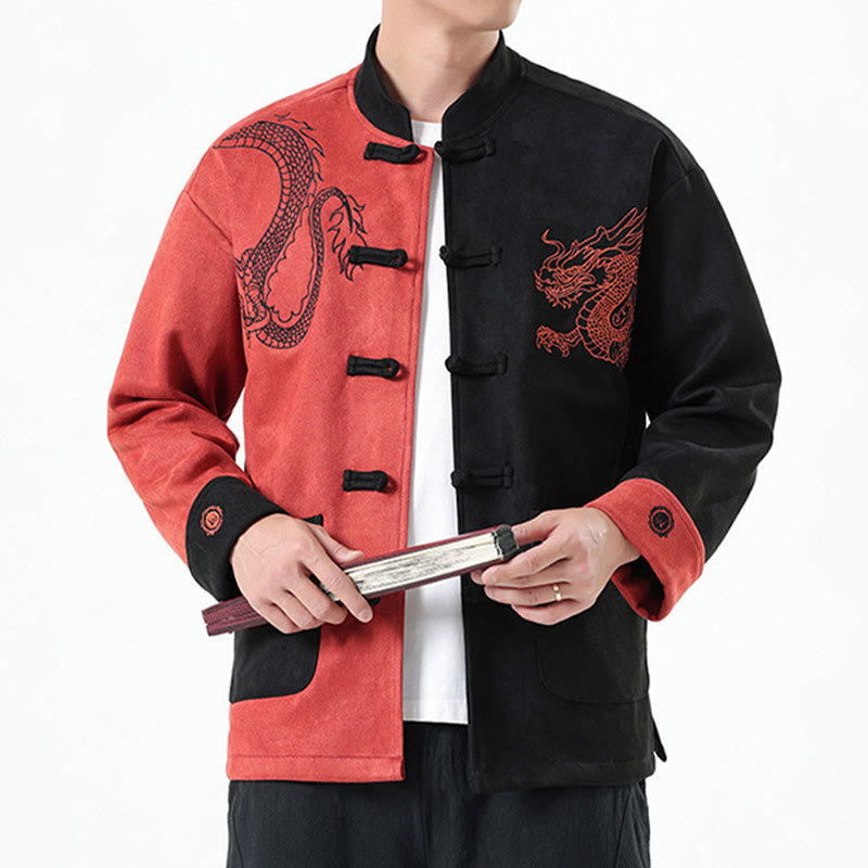 Nimara Ritual Dragon Embroidery Casual Frog-button Cotton Men's Jacket Shirt Clothing