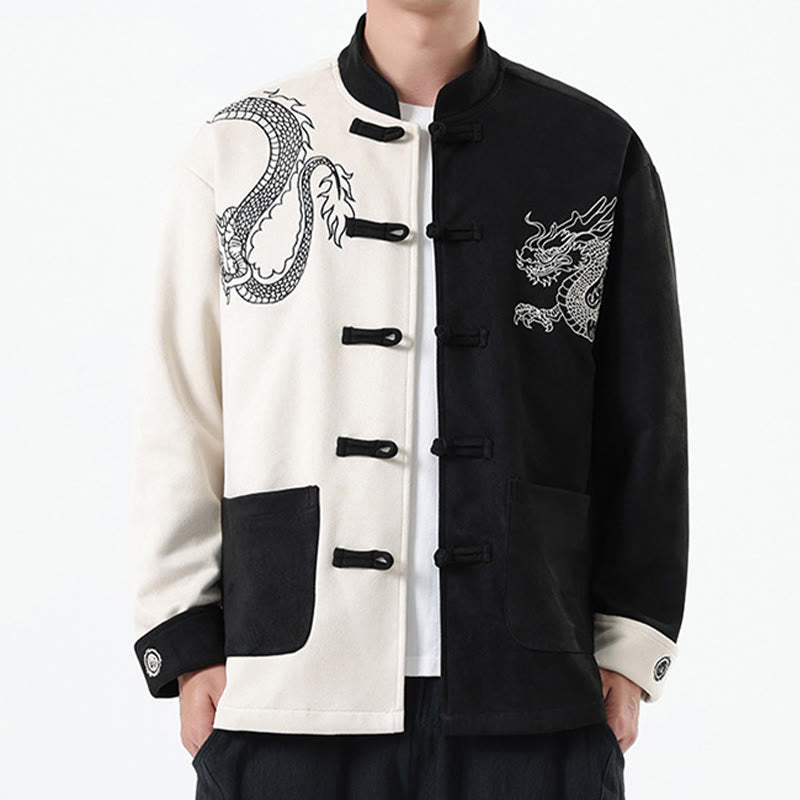 Nimara Ritual Dragon Embroidery Casual Frog-button Cotton Men's Jacket Shirt Clothing