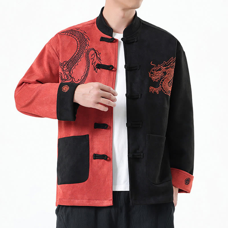 Nimara Ritual Dragon Embroidery Casual Frog-button Cotton Men's Jacket Shirt Clothing