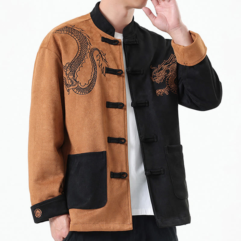 Nimara Ritual Dragon Embroidery Casual Frog-button Cotton Men's Jacket Shirt Clothing