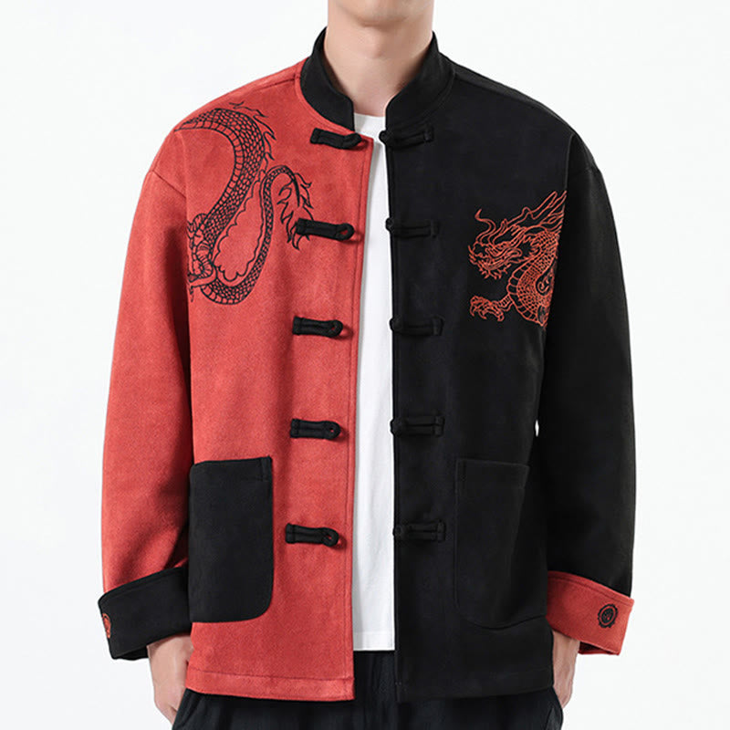 Nimara Ritual Dragon Embroidery Casual Frog-button Cotton Men's Jacket Shirt Clothing