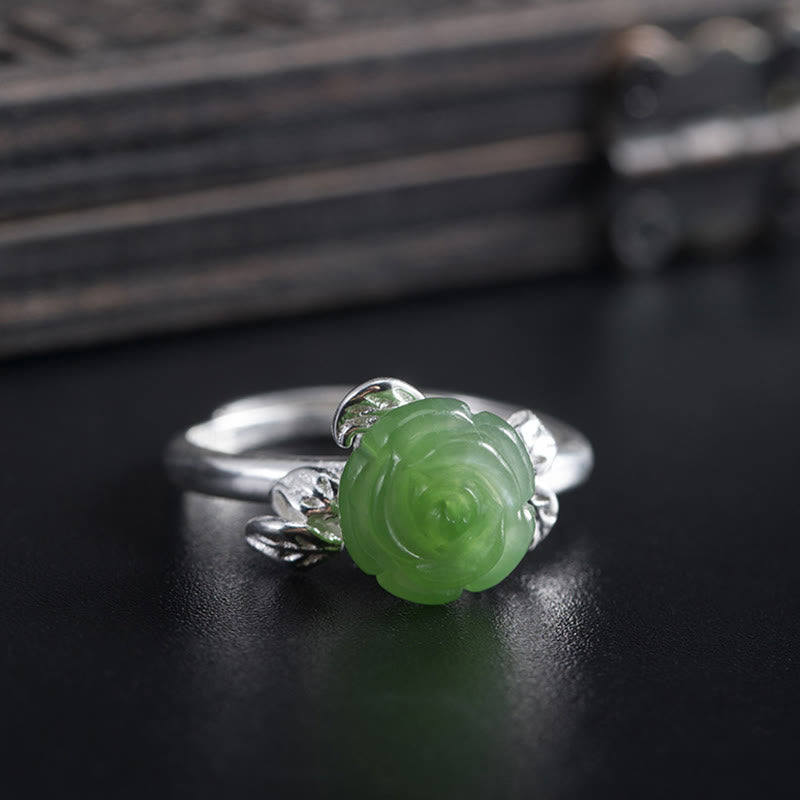 Nimara Ritual 925 Sterling Silver Jade Green Rose Luck Adjustable Ring