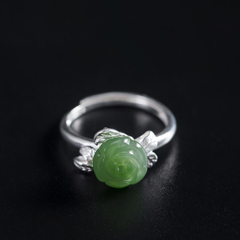 Nimara Ritual 925 Sterling Silver Jade Green Rose Luck Adjustable Ring