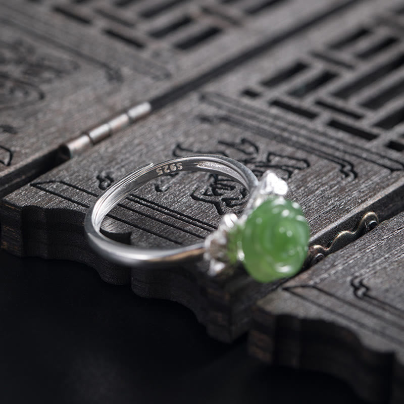 Nimara Ritual 925 Sterling Silver Jade Green Rose Luck Adjustable Ring