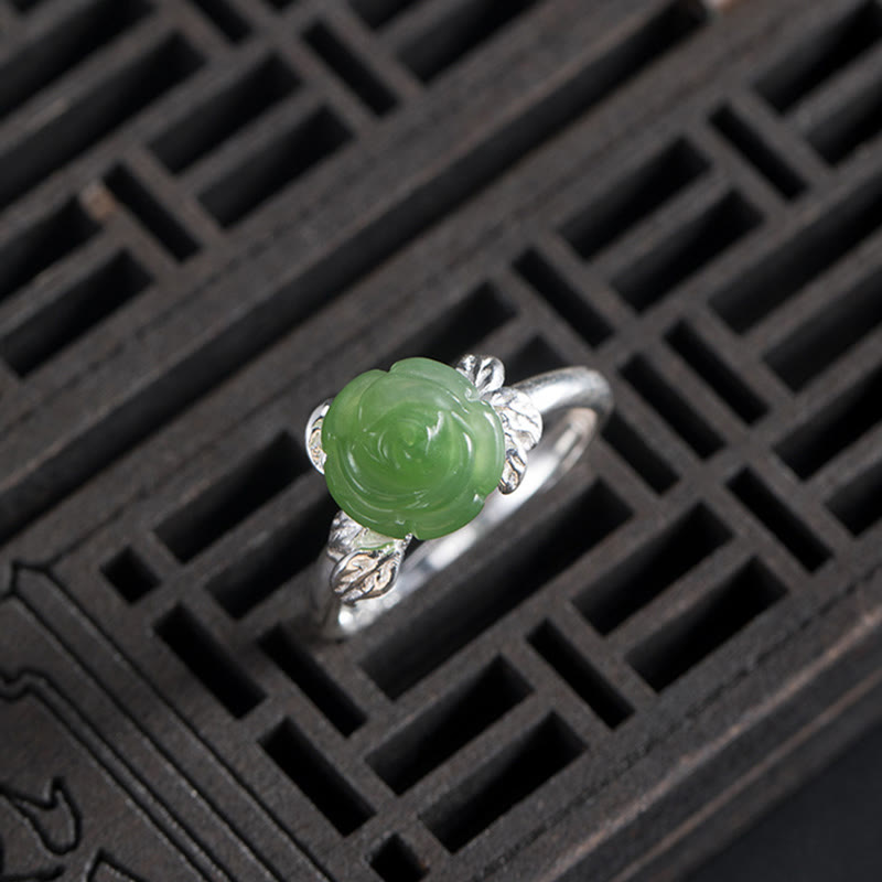 Nimara Ritual 925 Sterling Silver Jade Green Rose Luck Adjustable Ring