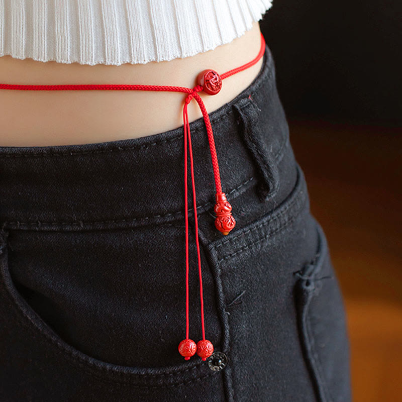 Nimara Ritual Natural Cinnabar Chinese Zodiac Gourd Calm Blessing Red String Belly Chain