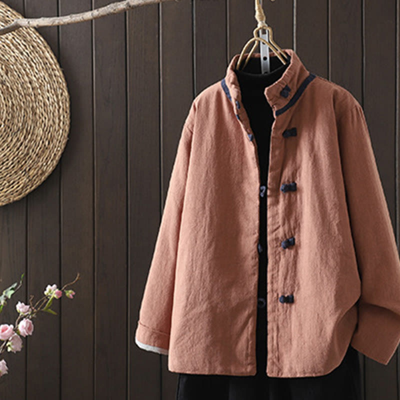 Nimara Ritual Solid Color Casual Frog-button Turtleneck Cotton Linen Women's Jacket Clothing