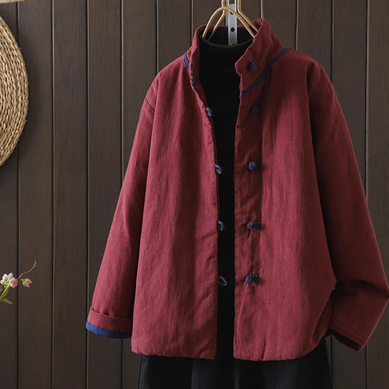 Nimara Ritual Solid Color Casual Frog-button Turtleneck Cotton Linen Women's Jacket Clothing