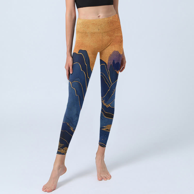 Nimara Ritual Dark Blue Mountain Sunset Print Fitness Leggings Women's Yoga Pants
