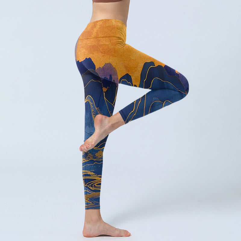 Nimara Ritual Dark Blue Mountain Sunset Print Fitness Leggings Women's Yoga Pants