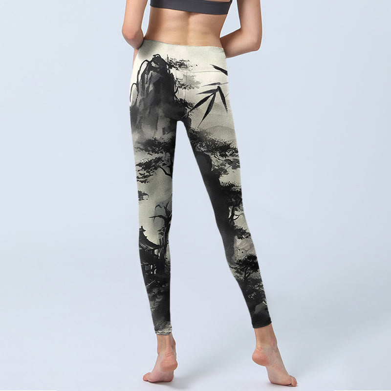 Nimara Ritual Ink Bamboo Pine Mountains Print Gym Leggings Women's Yoga Pants