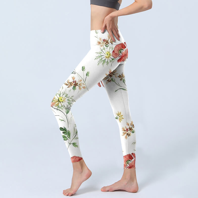 Nimara Ritual White Daisy Red Flower Print Sports Leggings Women's Yoga Pants