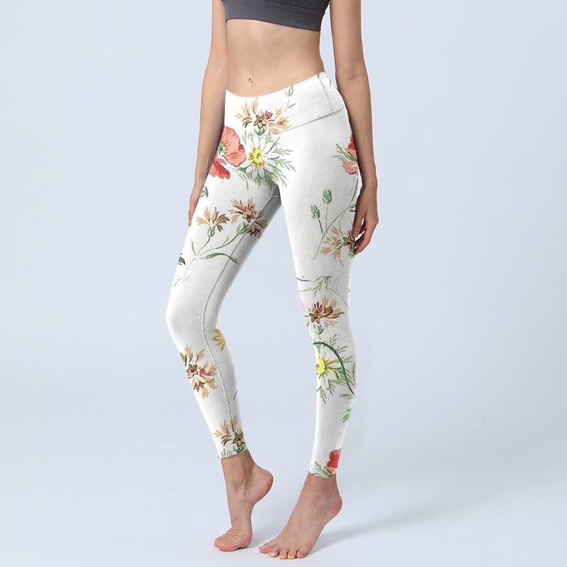 Nimara Ritual White Daisy Red Flower Print Sports Leggings Women's Yoga Pants