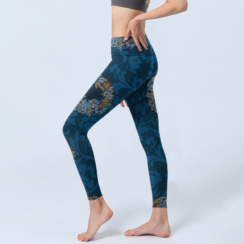 Nimara Ritual Dark Blue Flowers In Bloom Print Sports Leggings Women's Yoga Pants