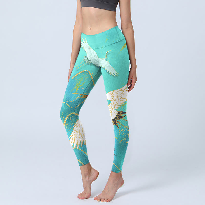 Nimara Ritual Mint Green Mountain Crane Print Fitness Leggings Women's Yoga Pants