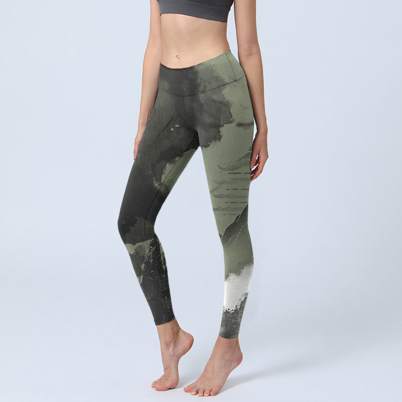 Nimara Ritual Ink Painting Mountain Pavilion Print Fitness Leggings Women's Yoga Pants