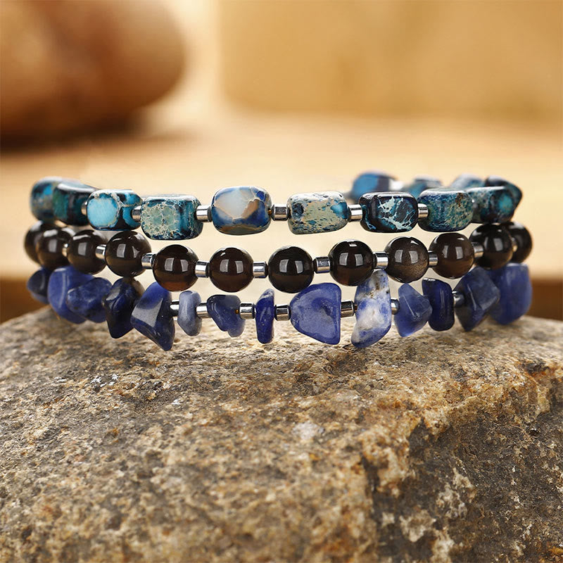 Nimara Ritual Emperor Stone Sodalite Gold Sheen Obsidian Balance Triple Wrap Bracelet