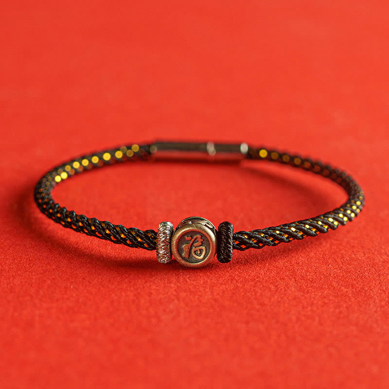 Nimara Ritual Braided String 925 Sterling Silver Fu Character Faith Bracelet