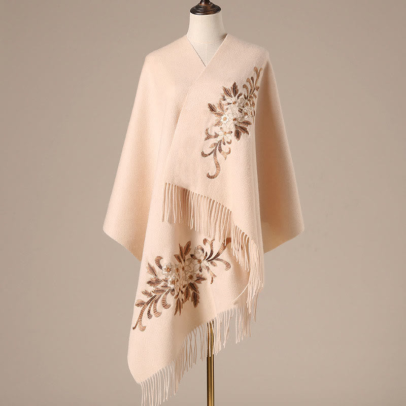 Nimara Ritual Wool Shawl Begonia Embroidery Tassel Winter Cozy Travel Scarf Wrap