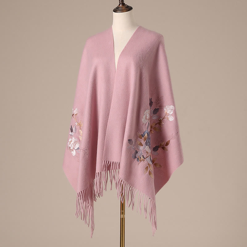 Nimara Ritual Wool Shawl Weiyang Flower Embroidery Tassel Winter Cozy Travel Scarf Wrap