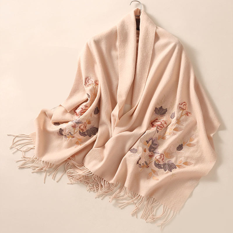 Nimara Ritual Wool Shawl Weiyang Flower Embroidery Tassel Winter Cozy Travel Scarf Wrap