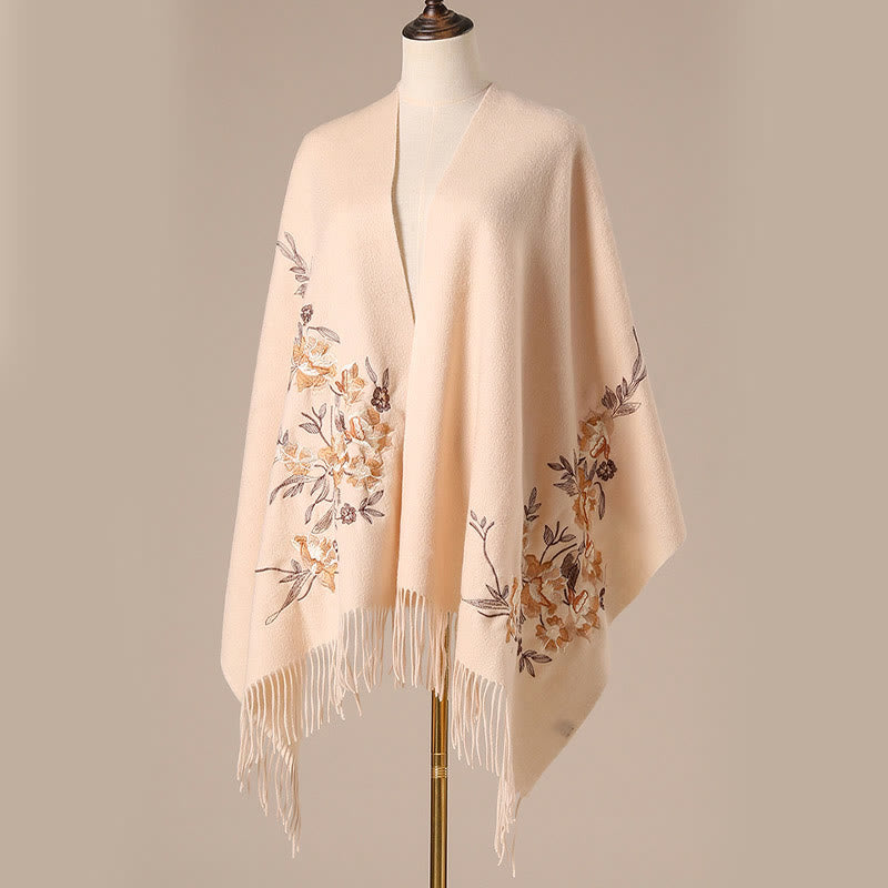 Nimara Ritual Wool Shawl Flowers Leaves Embroidery Tassel Winter Cozy Travel Scarf Wrap