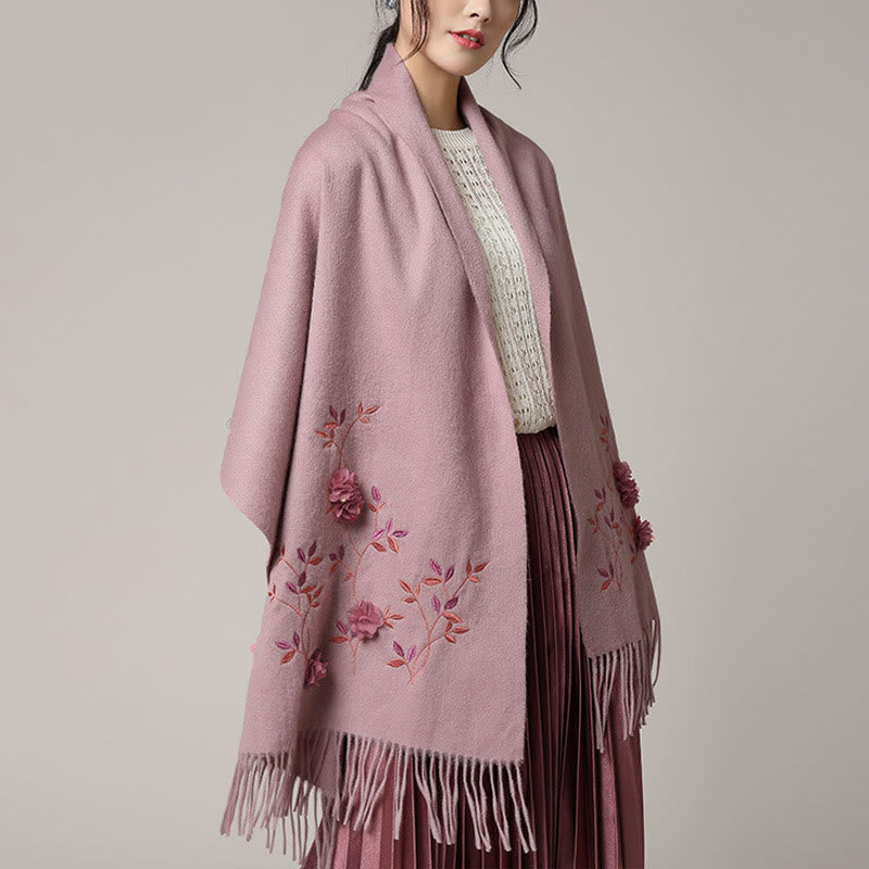 Nimara Ritual Wool Shawl 3D Floral Embroidery Tassel Winter Cozy Travel Scarf Wrap