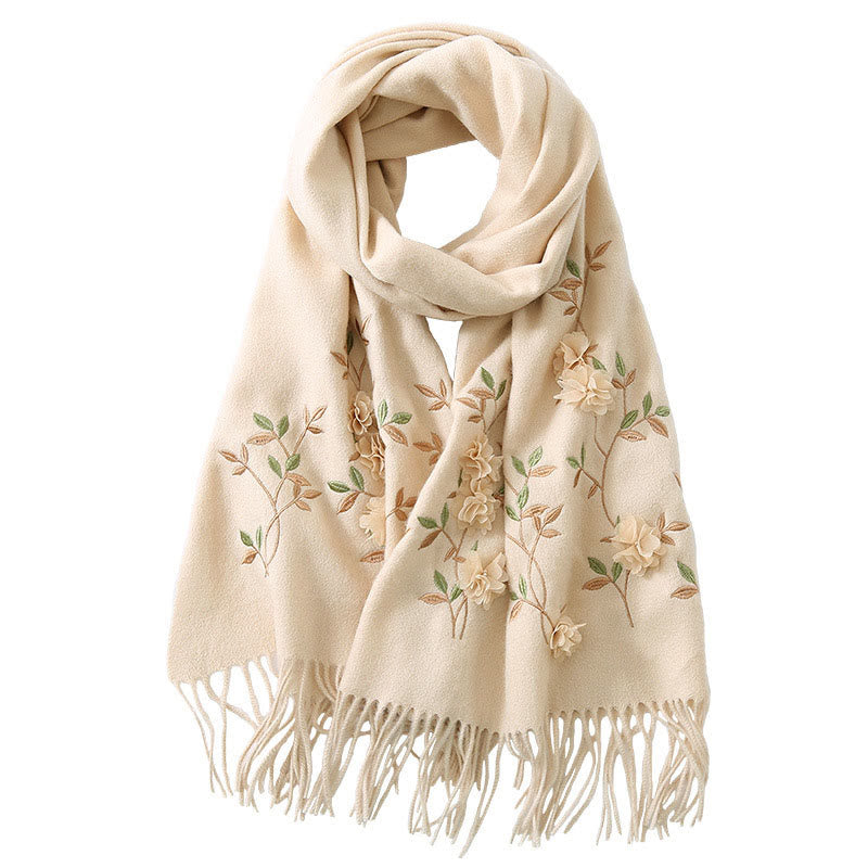 Nimara Ritual Wool Shawl 3D Floral Embroidery Tassel Winter Cozy Travel Scarf Wrap