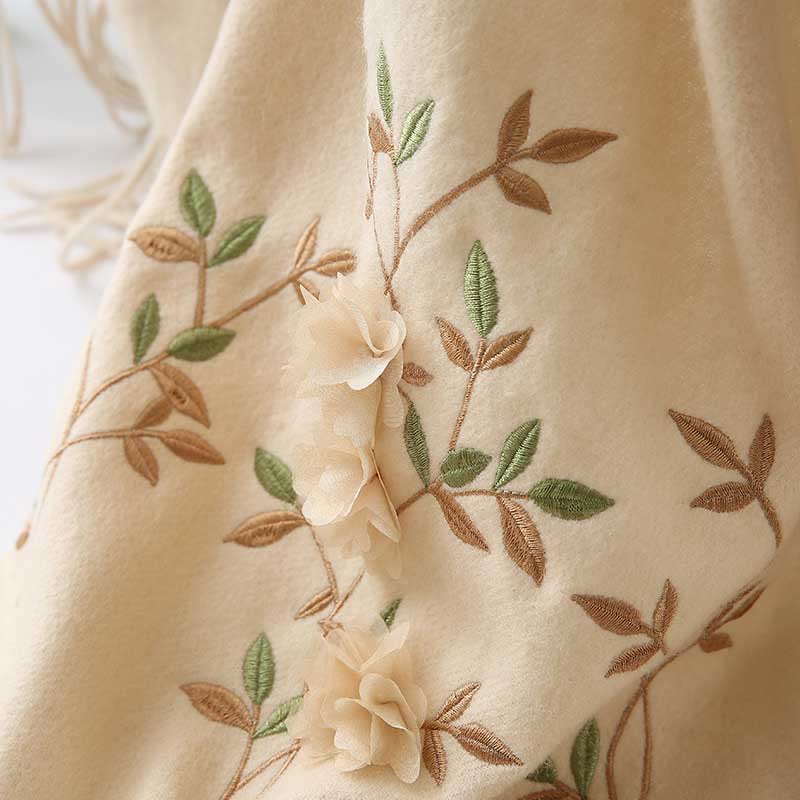 Nimara Ritual Wool Shawl 3D Floral Embroidery Tassel Winter Cozy Travel Scarf Wrap