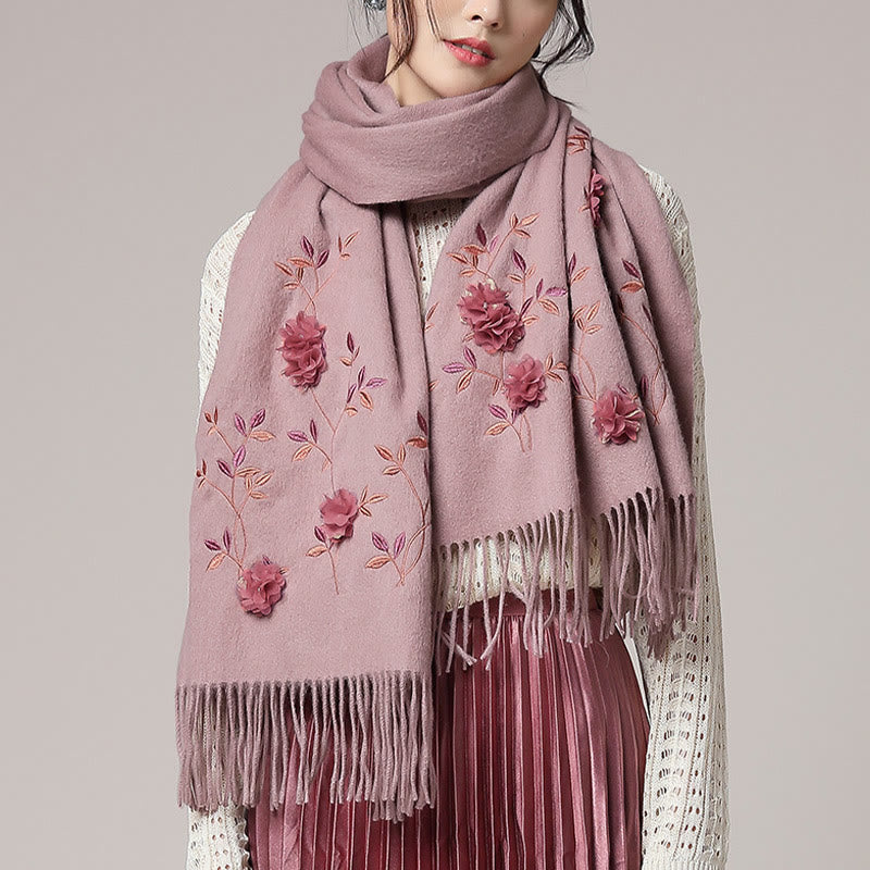Nimara Ritual Wool Shawl 3D Floral Embroidery Tassel Winter Cozy Travel Scarf Wrap