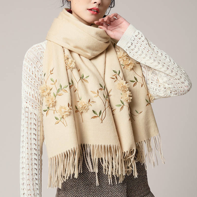 Nimara Ritual Wool Shawl 3D Floral Embroidery Tassel Winter Cozy Travel Scarf Wrap