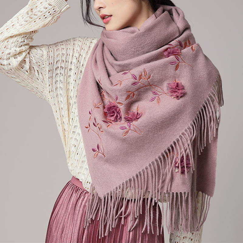 Nimara Ritual Wool Shawl 3D Floral Embroidery Tassel Winter Cozy Travel Scarf Wrap