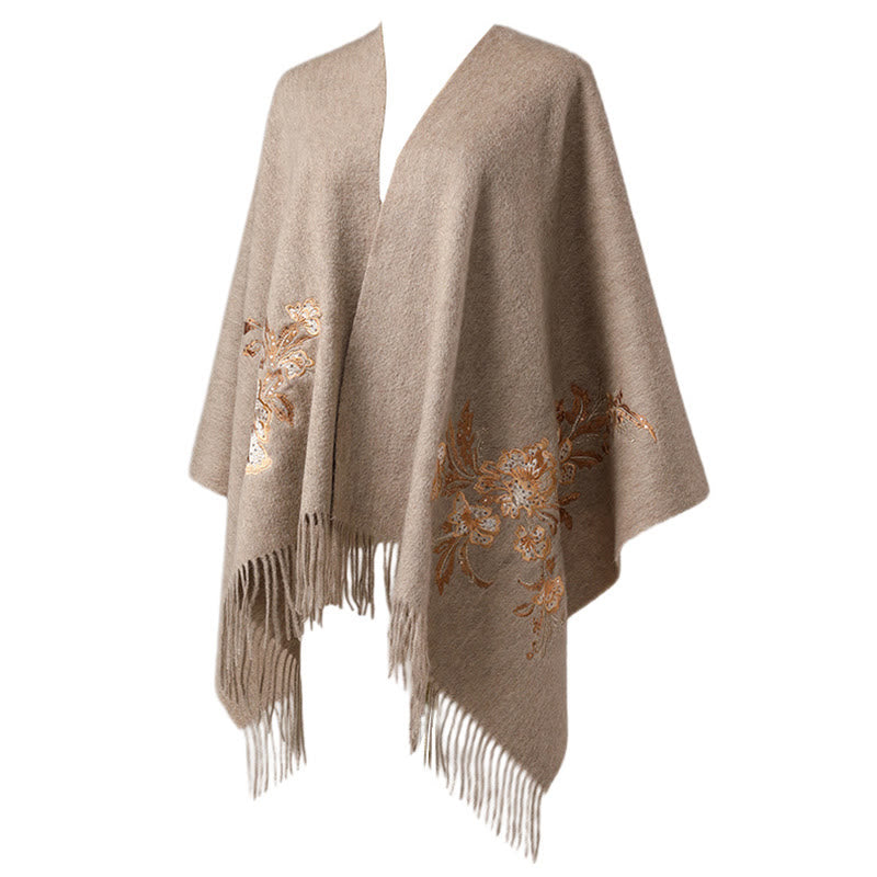 Nimara Ritual Wool Shawl Red Flower Gold Sequins Embroidery Tassel Winter Cozy Travel Scarf Wrap