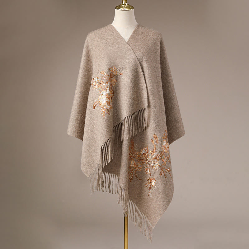 Nimara Ritual Wool Shawl Red Flower Gold Sequins Embroidery Tassel Winter Cozy Travel Scarf Wrap
