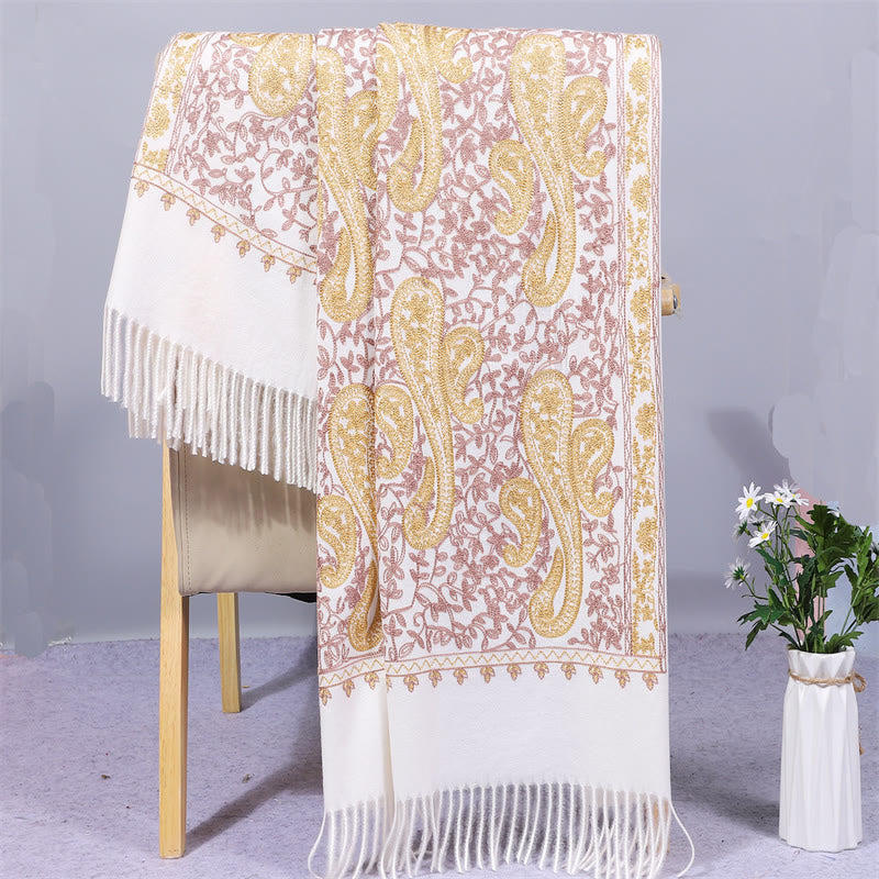 Nimara Ritual Rayon Fabric Shawl Golden Cashew Flowers Embroidery Tassel Winter Cozy Travel Scarf Wrap