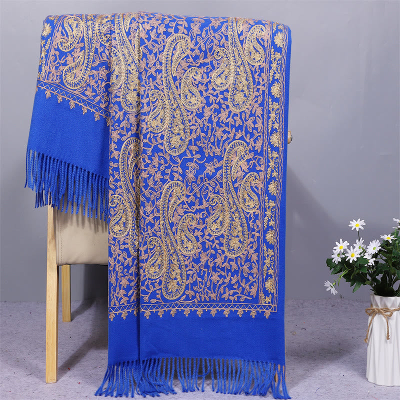 Nimara Ritual Rayon Fabric Shawl Golden Cashew Flowers Embroidery Tassel Winter Cozy Travel Scarf Wrap