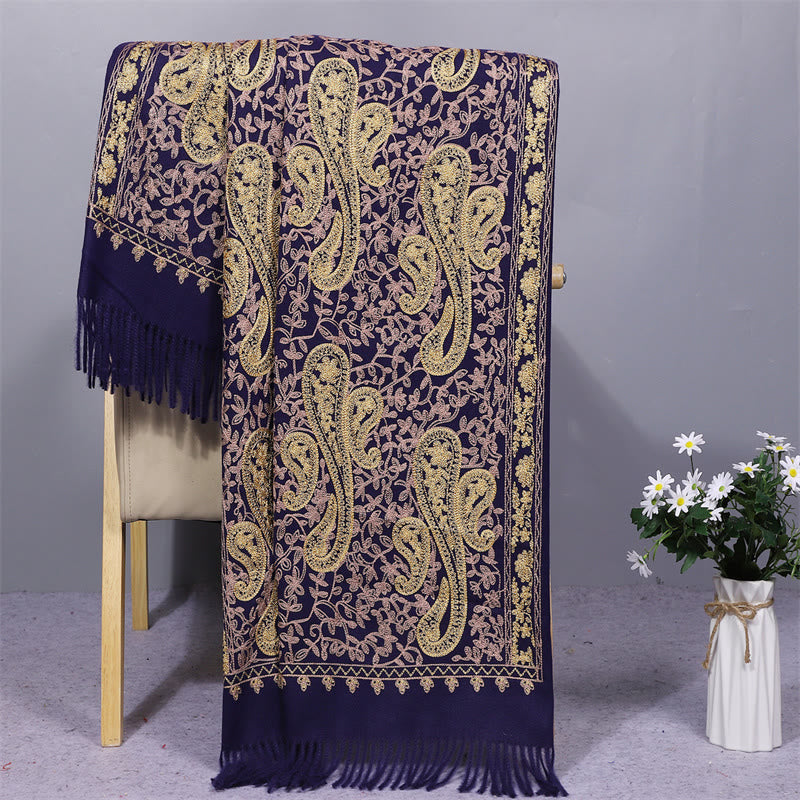Nimara Ritual Rayon Fabric Shawl Golden Cashew Flowers Embroidery Tassel Winter Cozy Travel Scarf Wrap