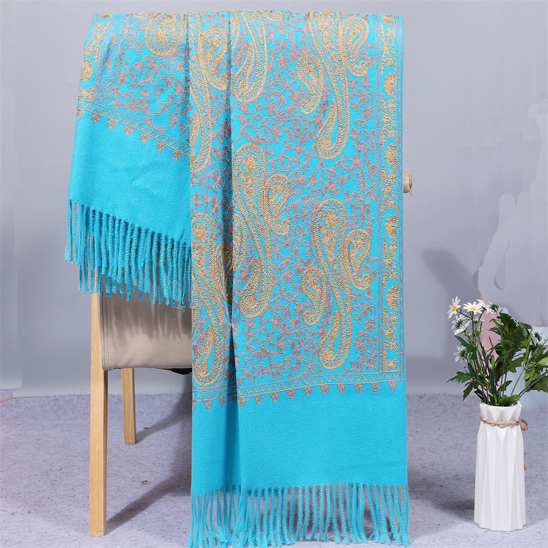 Nimara Ritual Rayon Fabric Shawl Golden Cashew Flowers Embroidery Tassel Winter Cozy Travel Scarf Wrap
