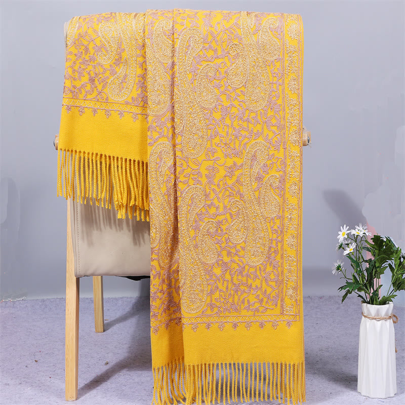 Nimara Ritual Rayon Fabric Shawl Golden Cashew Flowers Embroidery Tassel Winter Cozy Travel Scarf Wrap