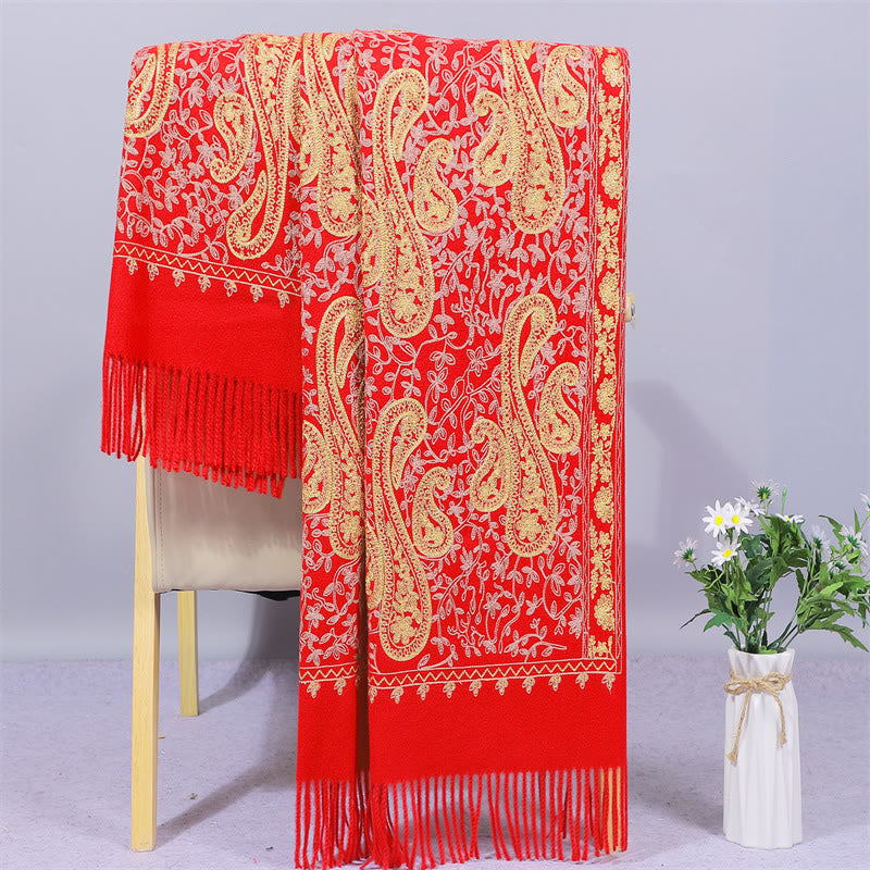 Nimara Ritual Rayon Fabric Shawl Golden Cashew Flowers Embroidery Tassel Winter Cozy Travel Scarf Wrap